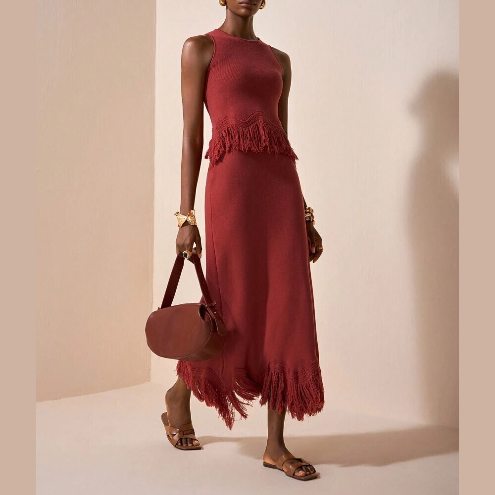 Rust Red Ribbed Knit Fringe Trim Sleeveless Maxi Dress